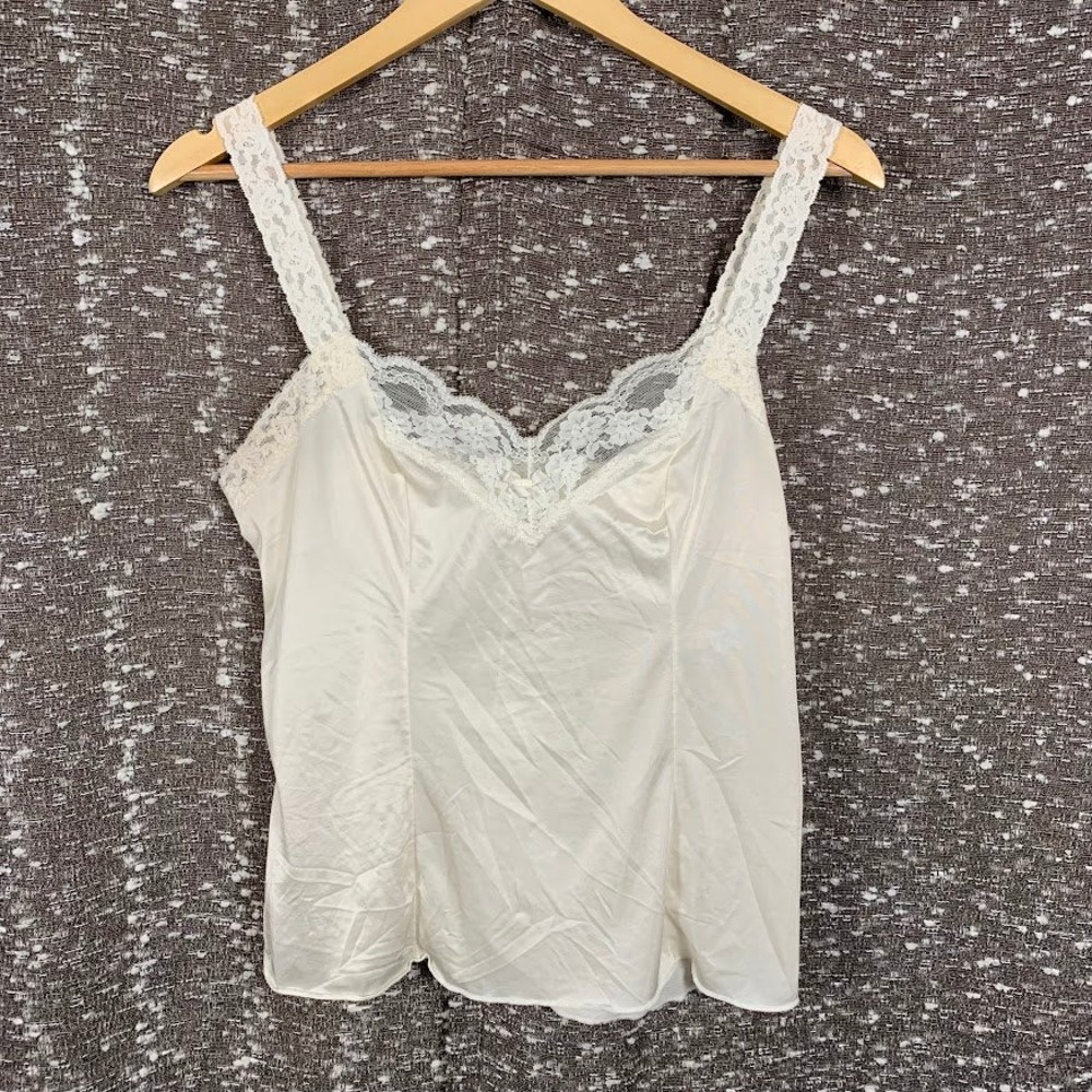 Vintage Olga White Satin Camisole Tank Top Lace Trim Coquette Women's Large